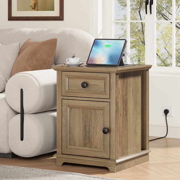 PLAMLE 2 Drawers End Tables With Charging Station For Living Room, Farmhouse End Table For Small Spaces, Wooden Nightstand with Storage for Bedroom
