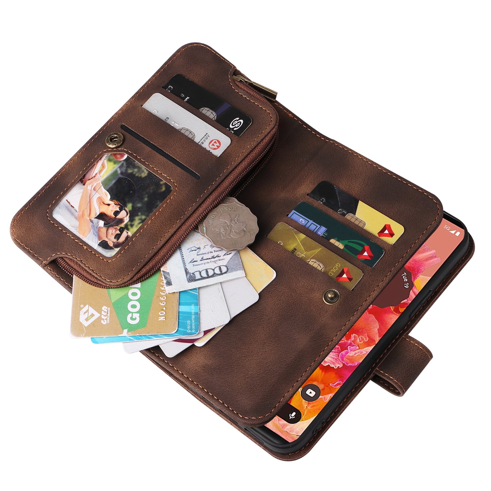Dteck Crossbody Wallet Magnetic Phone Case for iPhone 13, Premium PU Leather Handbag Zipper Pocket with Lanyard Shoulder Strap Wristlet Folio Flip Case for Apple iPhone 13,Brown