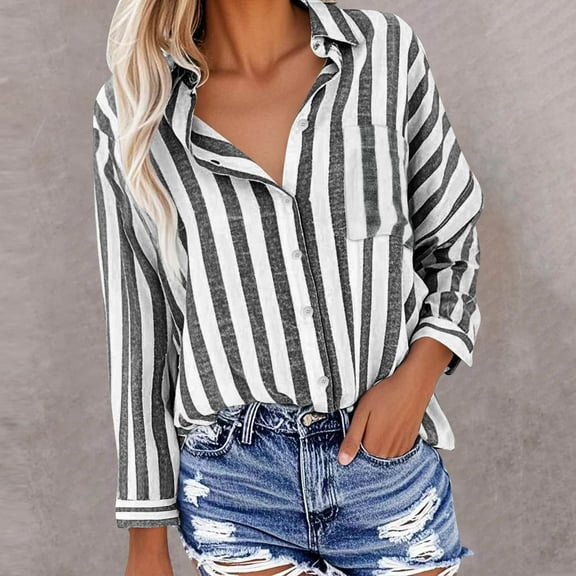 Qulqfy Women's Button Down Shirts Short Sleeve Black Cotton Linen Shirts Lapel Striped Women Summer Blouses L