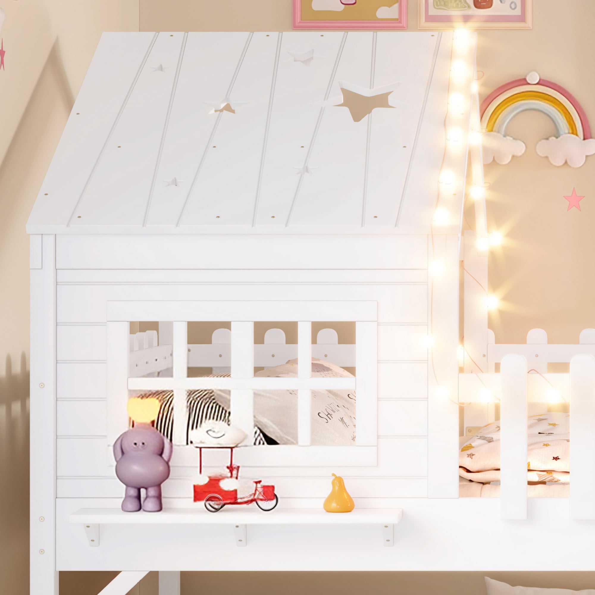 Mintazer Full Size Kids House Loft Bed with Slide & LED Lights, Modern Playhouse Bed with Star Shaped Designs & Ladder, No Box Spring Needed, White