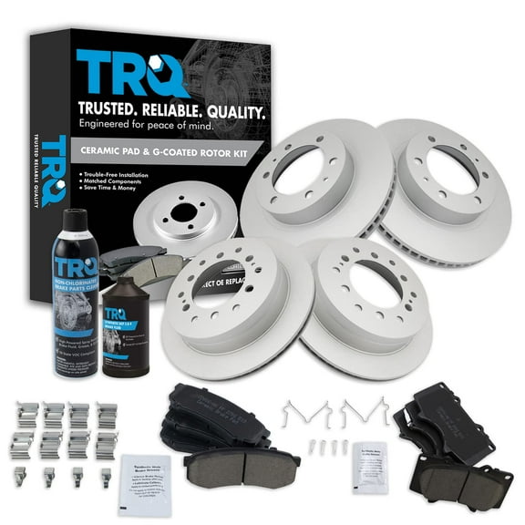TRQ Front & Rear Ceramic Brake Pad & Coated Rotor Kit w/Fluids for Toyota BKA23085