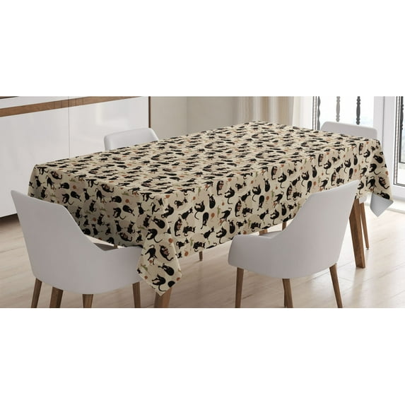 Cat Tablecloth, Hand Drawn Feline Pattern House Pet Playing with Mouse and a Ball of Yarn, Rectangle Satin Table Cover Accent for Dining Room and Kitchen, 60" X 84", Black Tan Sea Green, by Ambesonne
