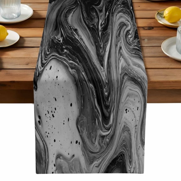 Gradient Black Marble Table Runner, Abstract Black White Ombre Water Ripples Washable Kitchen Table Runners Dress Scarves for Dining Table Decorations Party, 13x108in