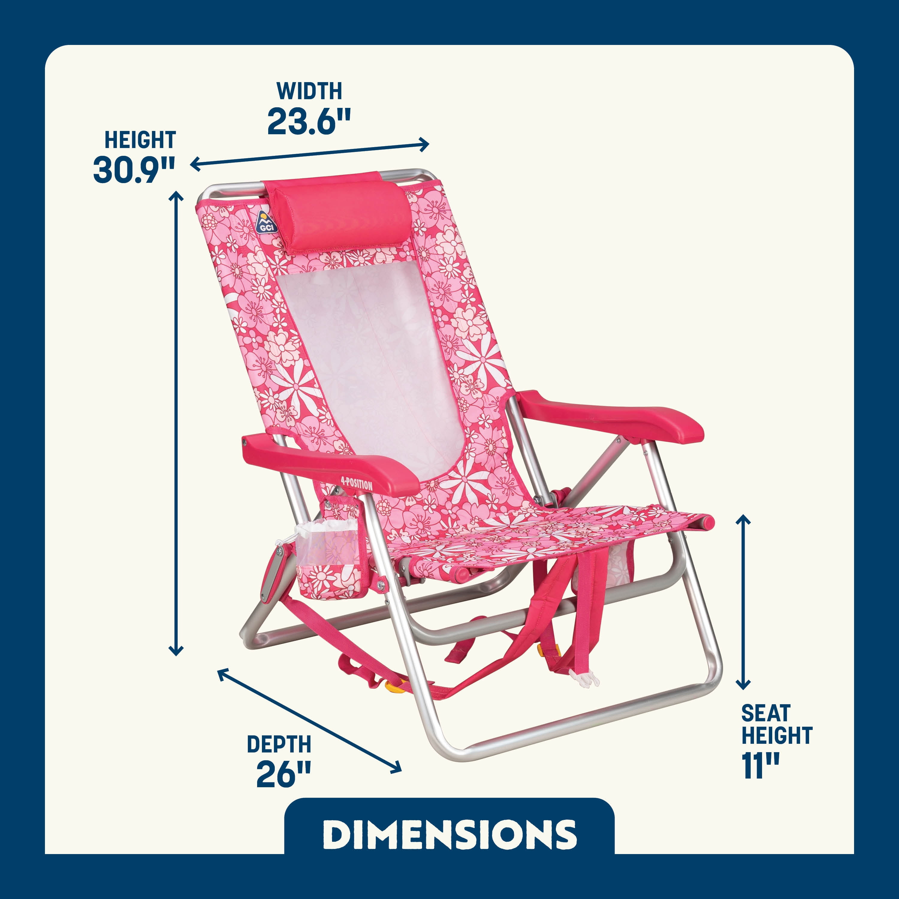 GCI Outdoor Backpack Beach Chair Lightweight Low Profile Reclining Chair, Floral Sport Pink
