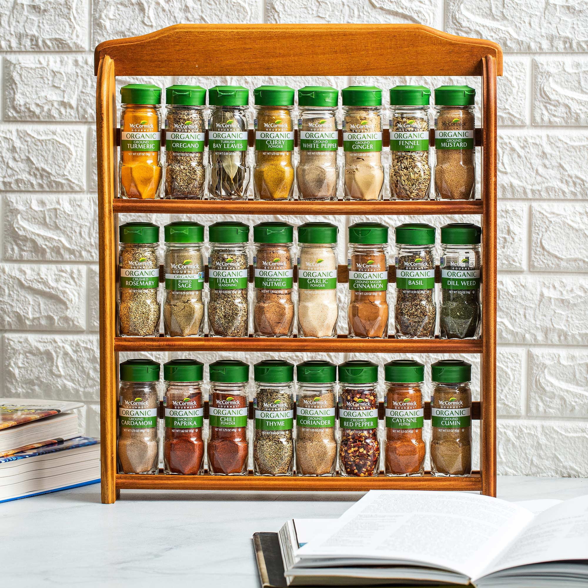 McCormick Gourmet Three Tier Wood 24 Piece Spice Rack, 27.6 oz Box