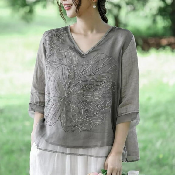 Fznquz Womens Tops Under $10 Elbow Length Tunic Gray Casual Shirt Embroidered V Neck Fashion Short Sleeve Blouse