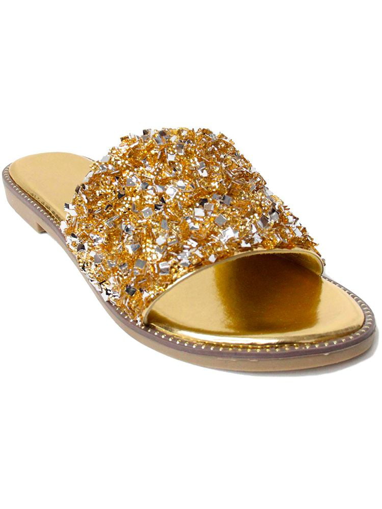 gold flat sandals with rhinestones