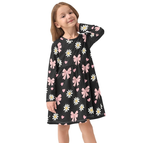 Girls Dress Soft Casual Long Sleeve Cute Dress for Girls Fashion Prints Pink Bows Daisy Crew Neck