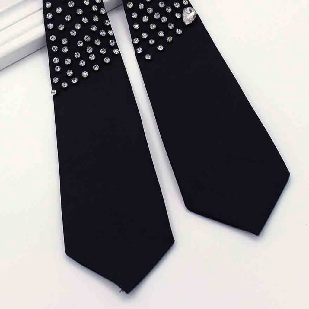 Elegant Black and White Women\'s Tie with Rhinestone Details Adjustable Length Pretied Silk Neck Tie with Pearls  main image 3