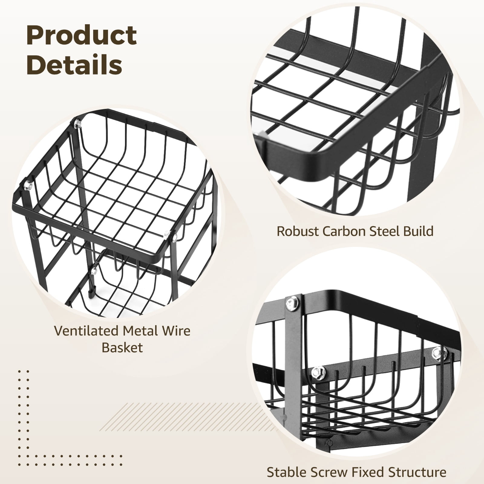 3-Tier Fruit Basket, Large Capacity Metal Wire Serving Stand, Kitchen Counter Fruit Storage Rack, Multi-layer Carbon Steel Vegetable Holder for Snacks, Bread, Candies