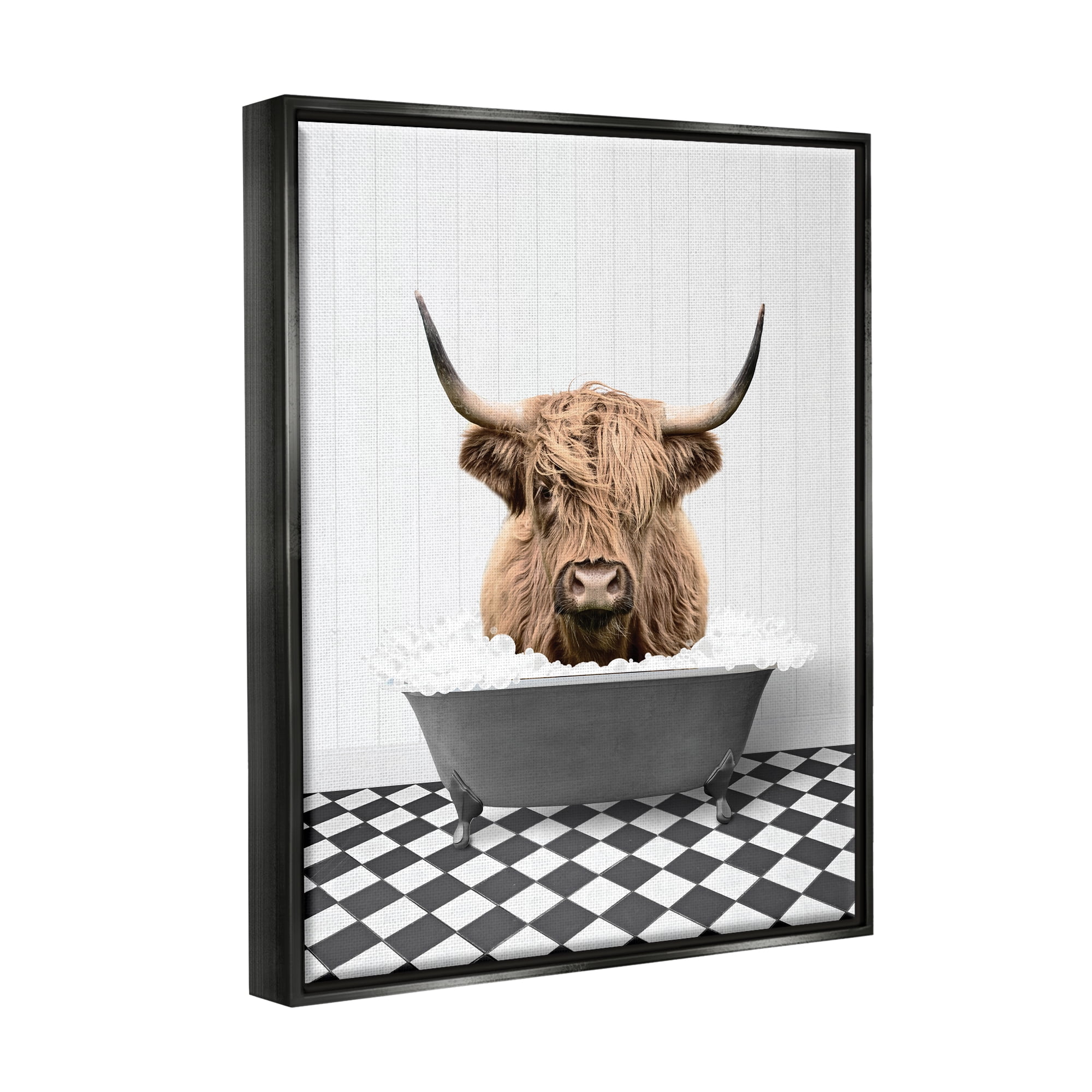 Stupell Industries Cattle in Checkered Bathroom Animals & Insects Painting Black Floater Framed Art Print Wall Art, 17 x 21
