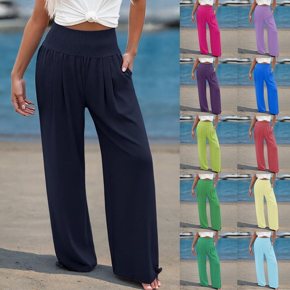 ibiyuan Womens Flowy Pants Elastic Waist Linen Palazzo Pants for Women Baggy Women Trousers Drawstring Lounge Pants Women with Pockets Spring Fashion Beach Bottoms