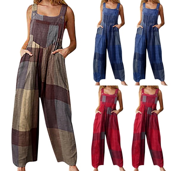 FRSASU Women's Patchwork Pocket button suspender Jumpsuit Loose Floral Print Bohemian Wide Leg Bib Overall Red
