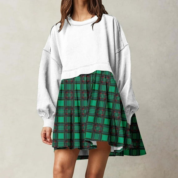 QUNYINEY Long Sleeve Dresses for Women 2025 Casual Plaid Twofer Dress Crew Neck Flowy Mini Ball Gown Dress