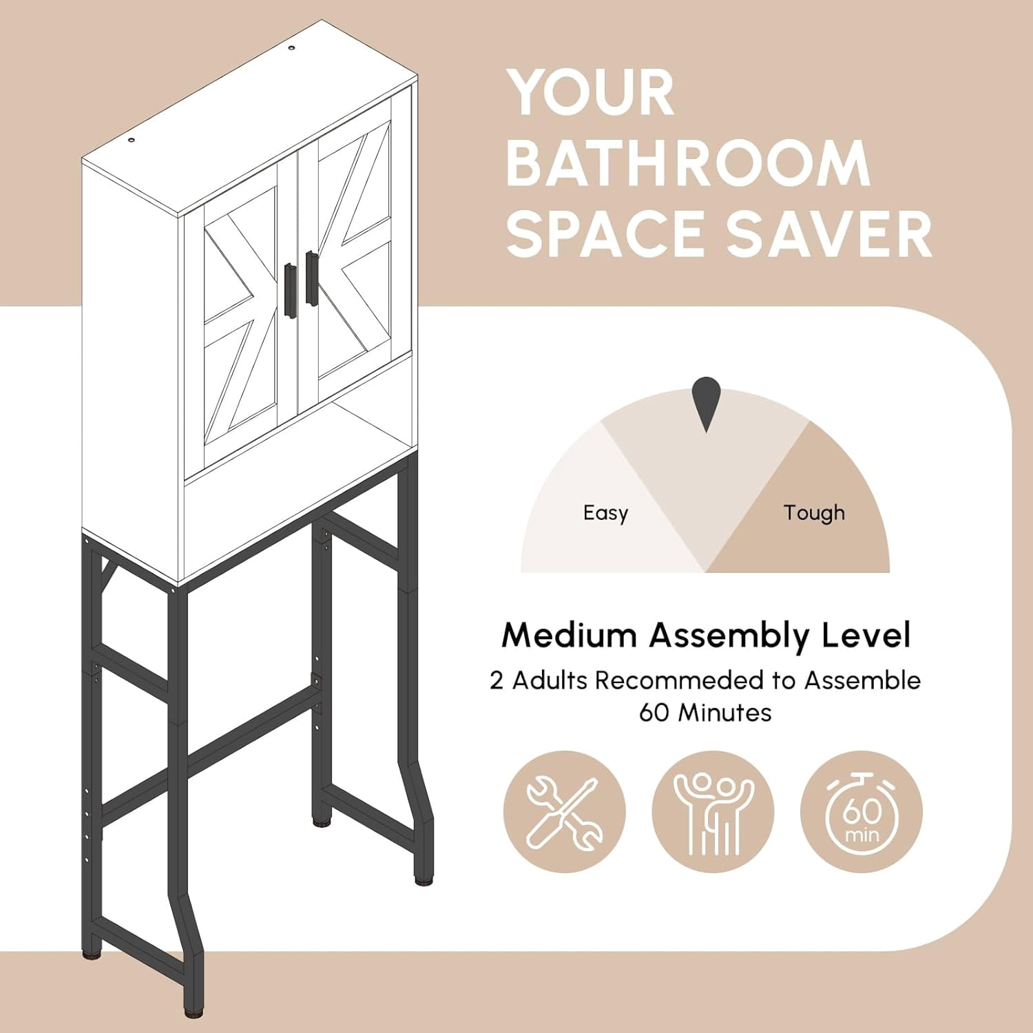 Fil-fresh Over The Toilet Storage Cabinet, Bathroom Organizers and Storage with Barn Doors, Thicken Metal Stand & MDF Wood Above Toilet Storage Cabinet, Freestanding Space Saver, White