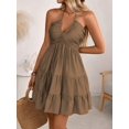 thumbnail image 5 of Womens Camel Halter Tiered Mini Dress With Drawstring Waist, 5 of 7