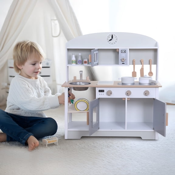 Kitem Children Simulated Cooking Toy Interactive Pretend Play Kitchen for Girls & Kids Wooden Kitchen Playset for Toddlers Kids Toys Kitchen with Cookware Accessories, Type A