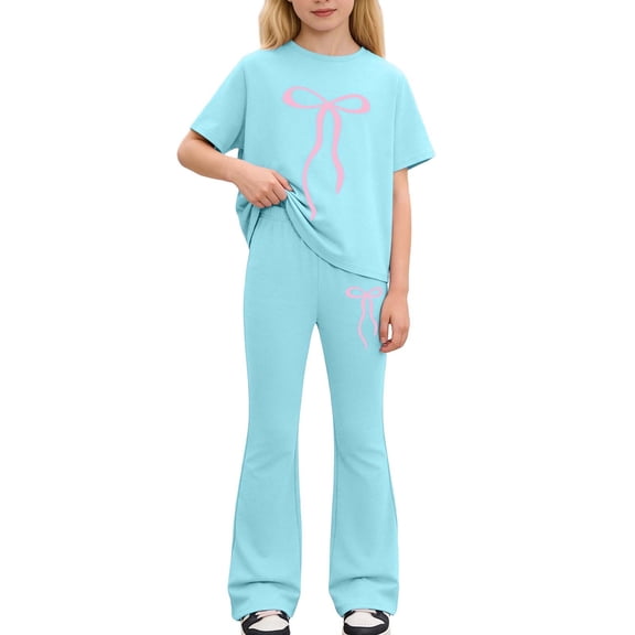 LIIPEE Girls Outfits Summer Casual Fashion Bow Printed Short Sleeve Crew Neck Tee Tops Pants Two Piece Set Toddler Kids Comfortable Daily Breathable Soft Cute Clothes,Light Green,11-12 Years