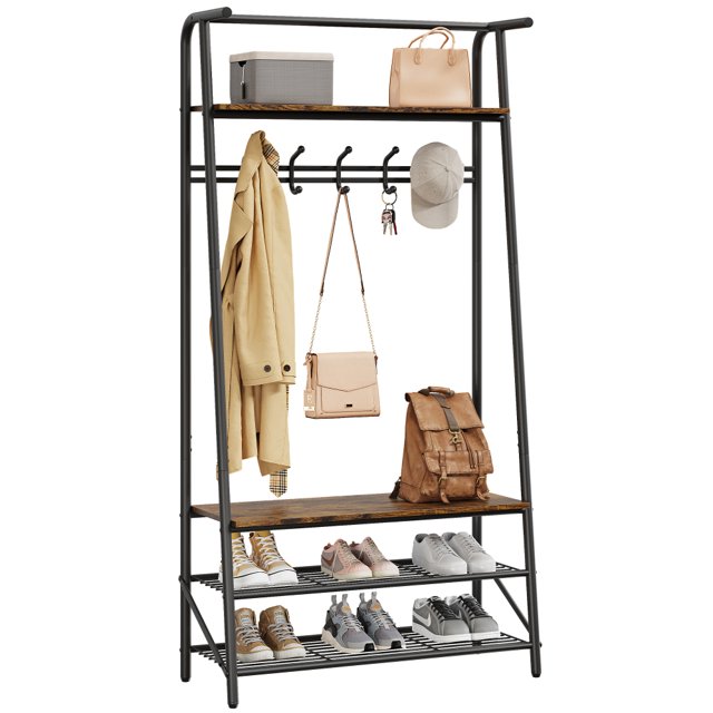 Banco con perchero, mueble 4 en 1 para entrada con almacenamiento, bastidor de acero y madera, barra para colgar y estantes