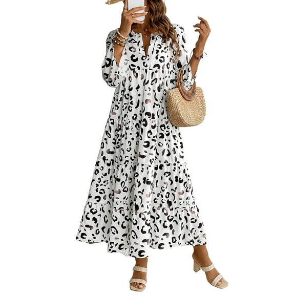 White Leopard Print Maxi Dress with Notch V Neck and Flared Sleeves - [ZhiHiMeRi] | (US 12-14)L