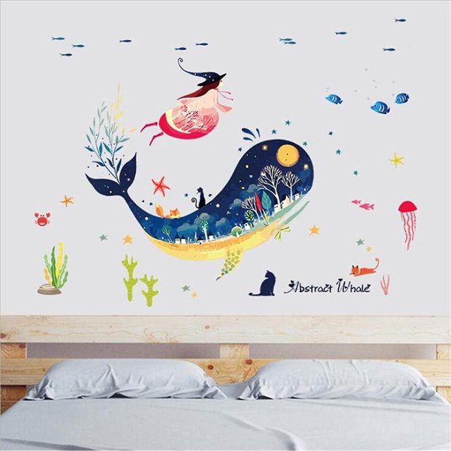Etiqueta de la pared de ballena de fantasía de dibujos animados vívidos decoración de la pared del dormitorio de la sala de estar Mural de arte moderno decoración de la habitac