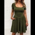 thumbnail image 4 of Vestido Corto Informal de Verano para Mujer, de Corta, Cuello Cuadrado, Corte A, Plisado y con Bolsillos. Verde M, 4 of 8