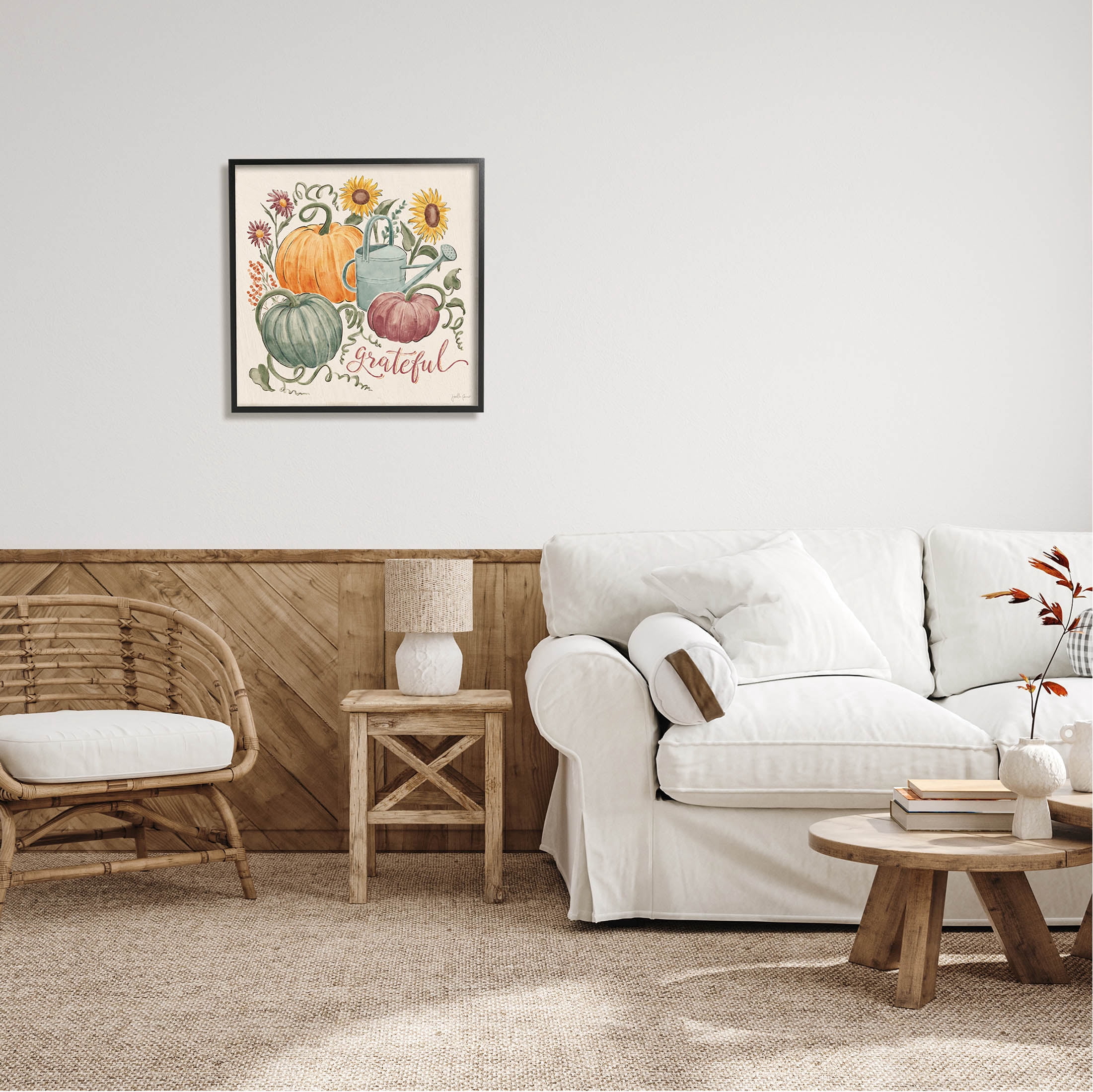 Stupell Industries Grateful Floral Fall Pumpkins Graphic Art Black Framed Art Print Wall Art, Design by Janelle Penner