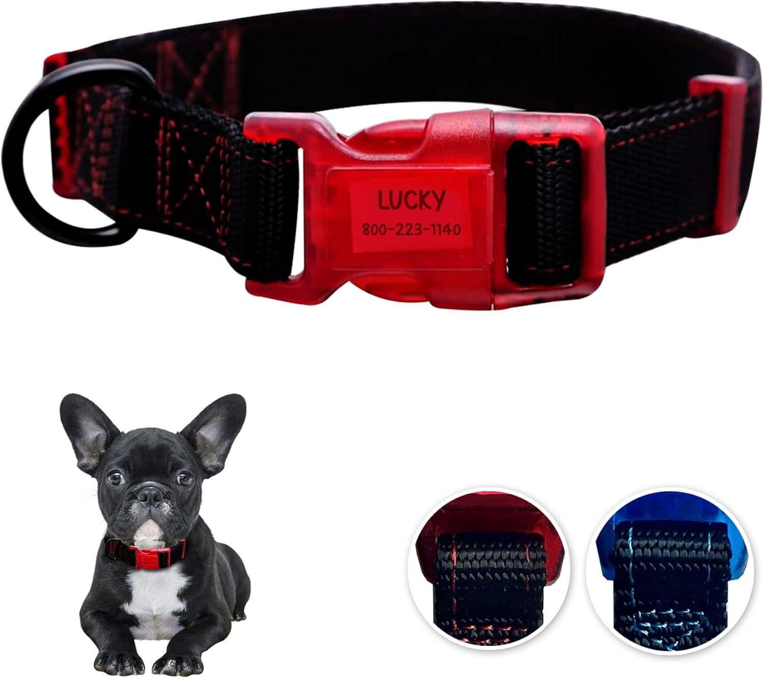 Sporn Adjustable Dog Collar for Small Dogs, Reflective Nylon Pet Collar with Built-In ID Holder, Black & Red (12–17" Neck)
