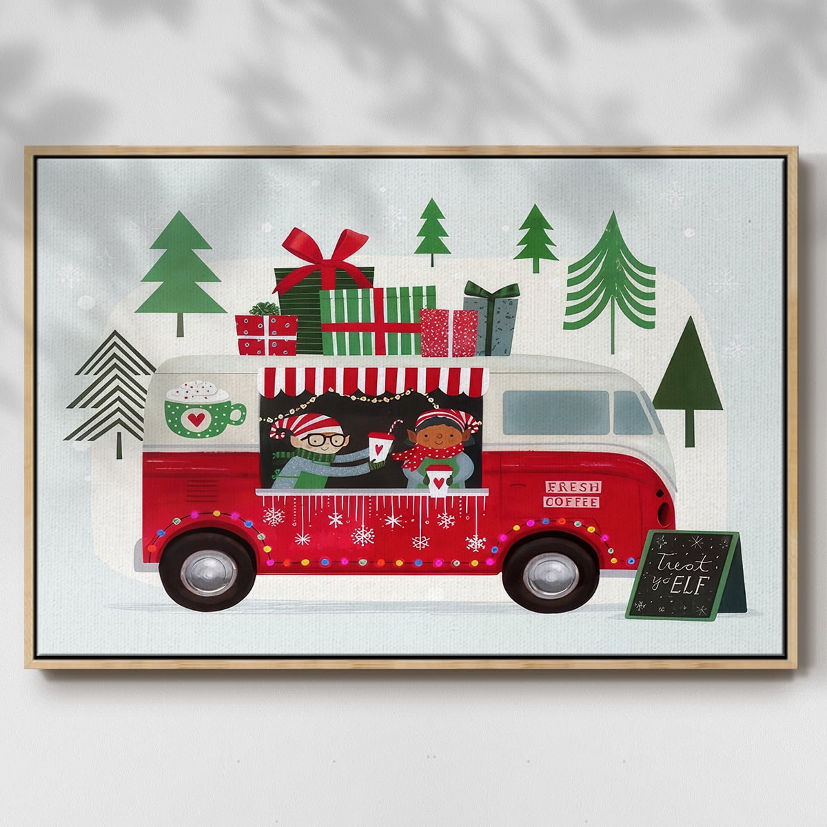 Santa's Foodtruck Collection A - Framed Gallery Wrapped Holiday Canvas - 17 x 25 - Natural Wood Frame