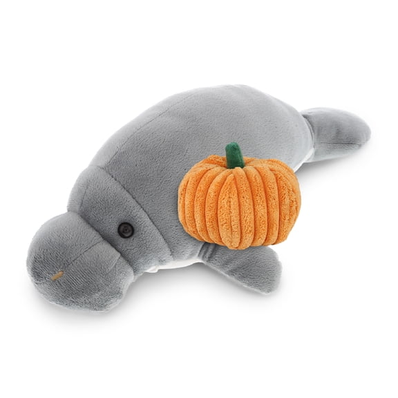 DolliBu Wild Collection Grey Manatee Stuffed Animal with Pumpkin Plush Decor - Manatee Pumpkin Plush Ocean Animal for Fall, Halloween and Thanksgiving, Pumpkin Toy for Baby, Kids, Adults - 9 Inch