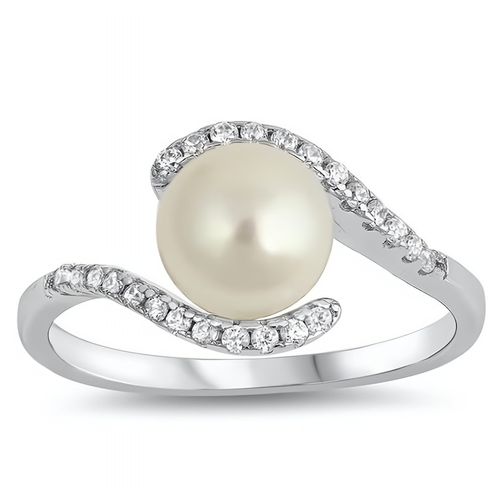 Glitzs Jewels 925 Sterling Silver CZ Cubic Zirconia Simulated Pearl Ring for Women Clear CZ 