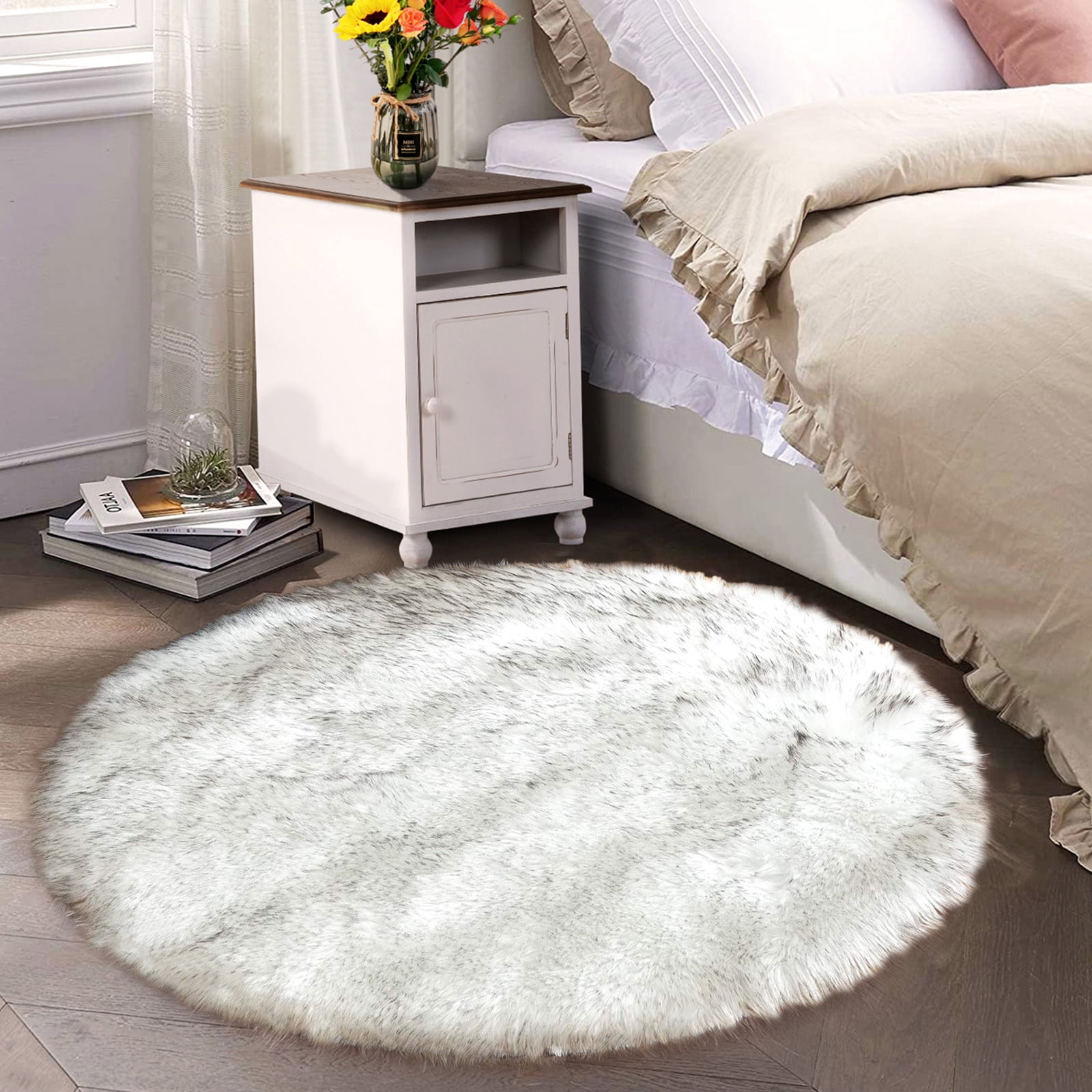 Latepis White with Grey Tips Fur Round Rug 6 ft, Faux Fur Sheepskin