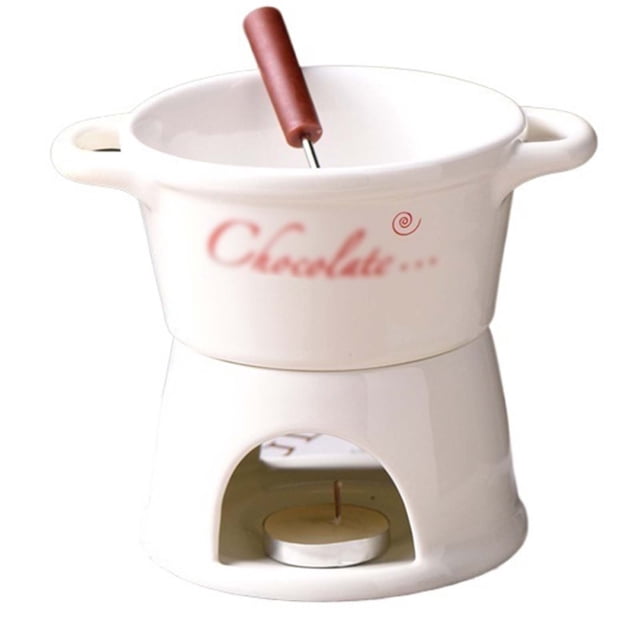 Ceramic Fondue Pot Set for Chocolate & Cheese, Tealight Powered Melting Warmer with 1 Fork for Parties