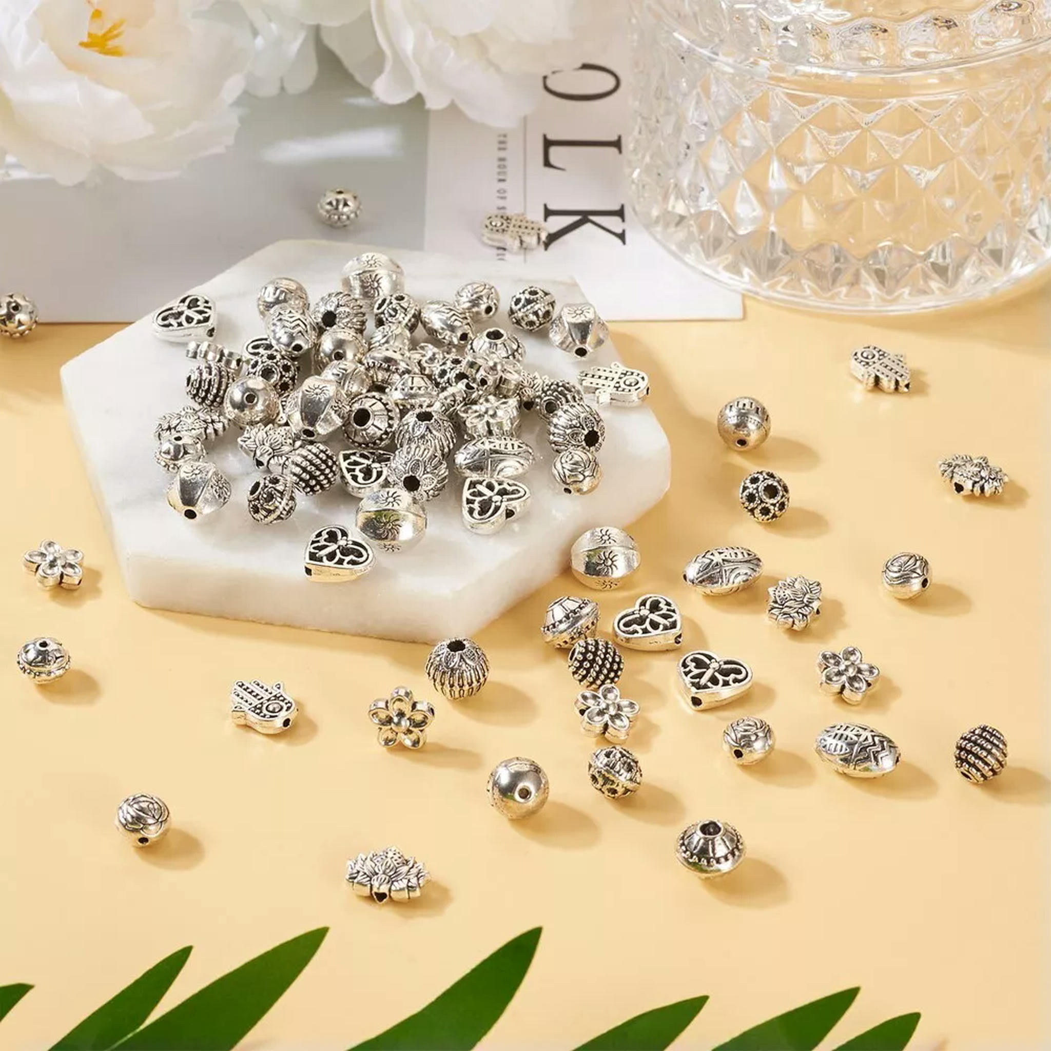 EOEMY 130Pcs Antique Silver Rondelle Barrel Flower Tibetan Style Alloy Beads 7.5~12mm