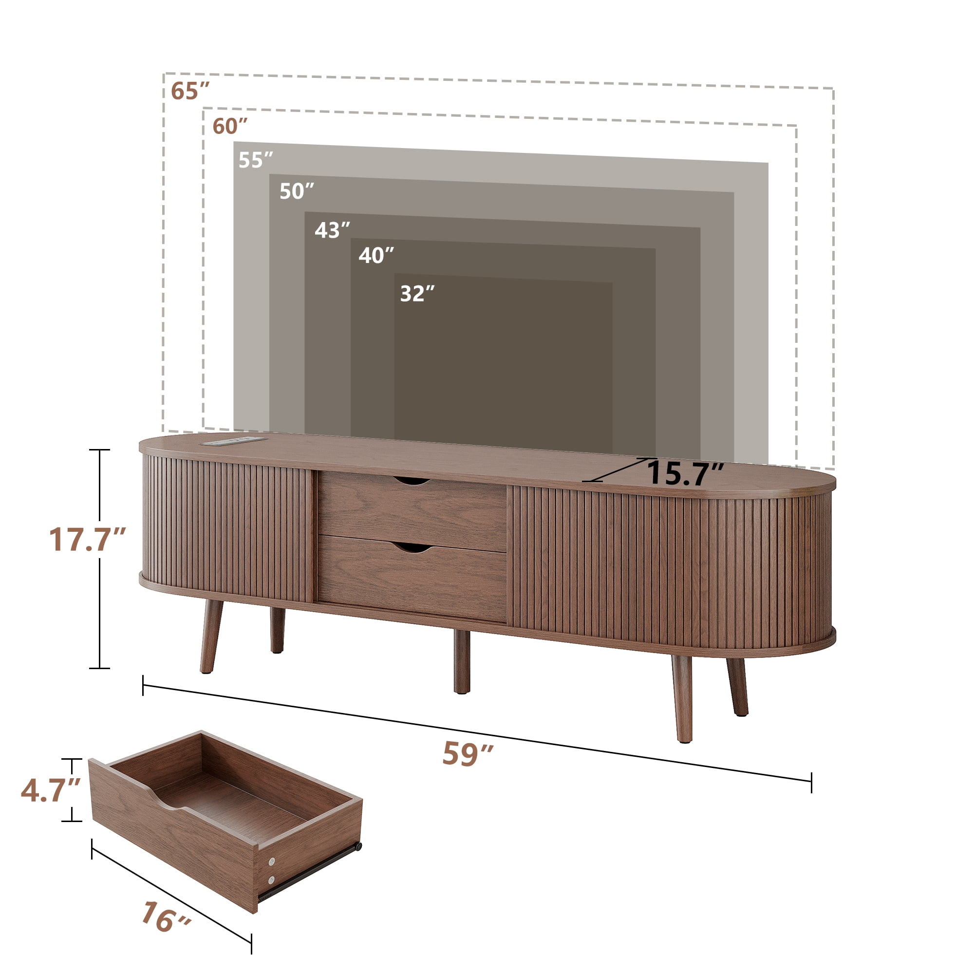 59" TV Stand with Charging Station and Drawers fit 40"- 65" TVs. Mid century Modern TV Stand, Wood Entertainment Center for Living Room and Bedroom, Media Console and Modern TV Console Table ,Walnut