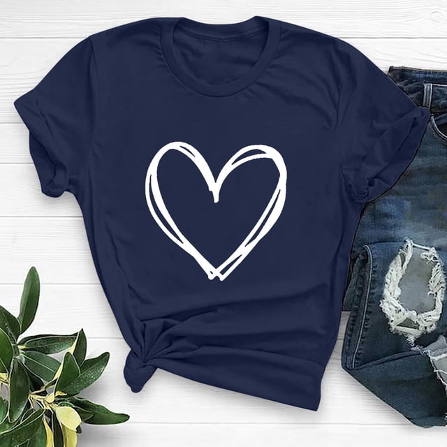 Meichang T-Shirts de la Saint-Valentin pour Femmes avec Imprimé Cœur, Manches Courtes, Col Rond, Coupe Ample