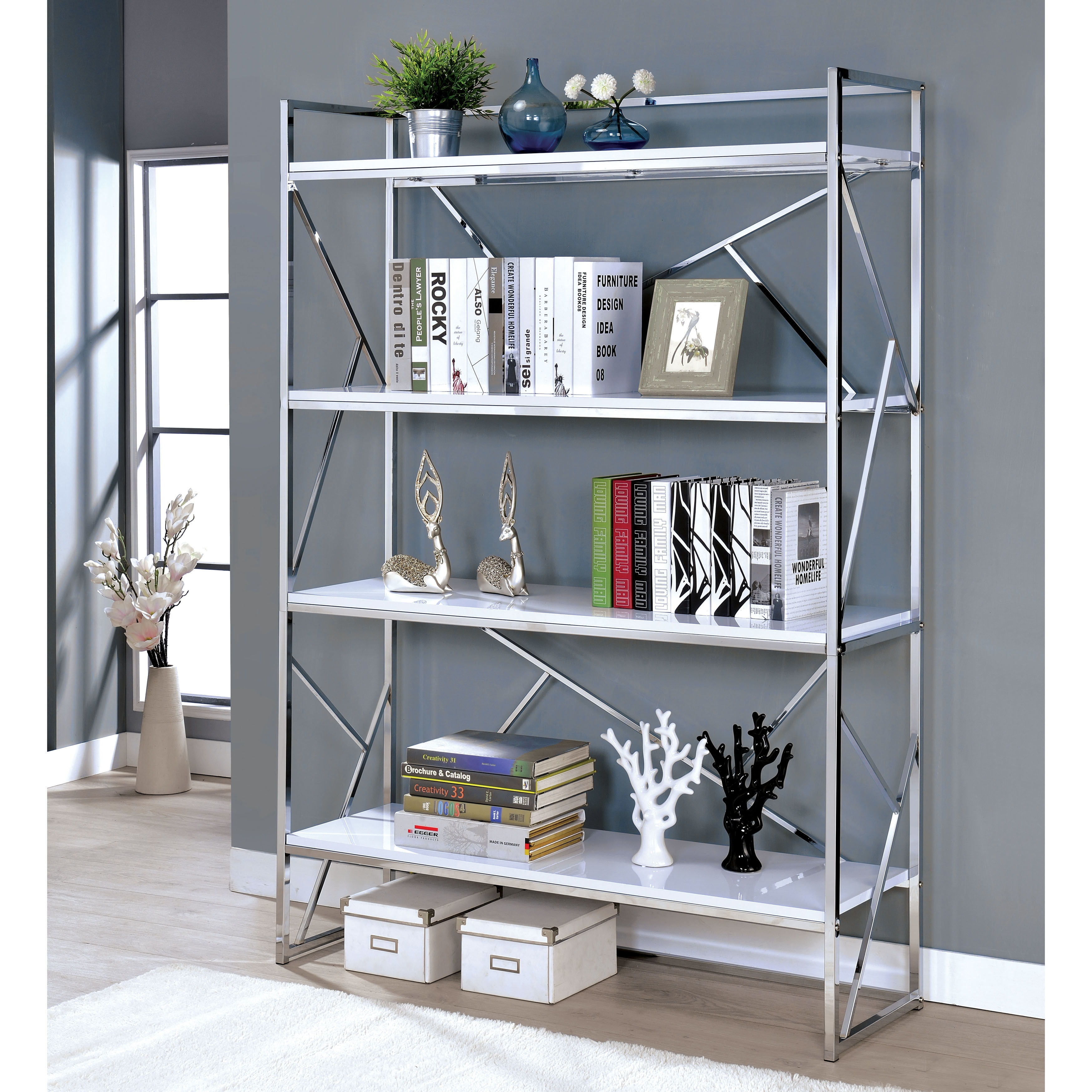 Furniture of America Kosh Modern Chrome Metal 4shelf Bookcase