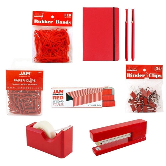JAM Paper Red Desk Set, Stapler, Tape Dispenser, Staples, Journal, Pens, Rubber Bands, Paper & Binder Clips