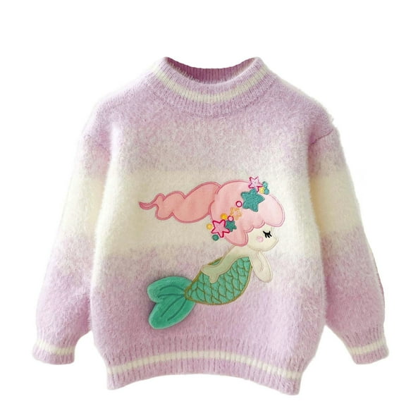 lnmuld Sweaters for Girls Winter Sweater Thickened Cartoon Print Knitted Top Soft Long Sleeve Casual for Big Kids Size:6-7 Years