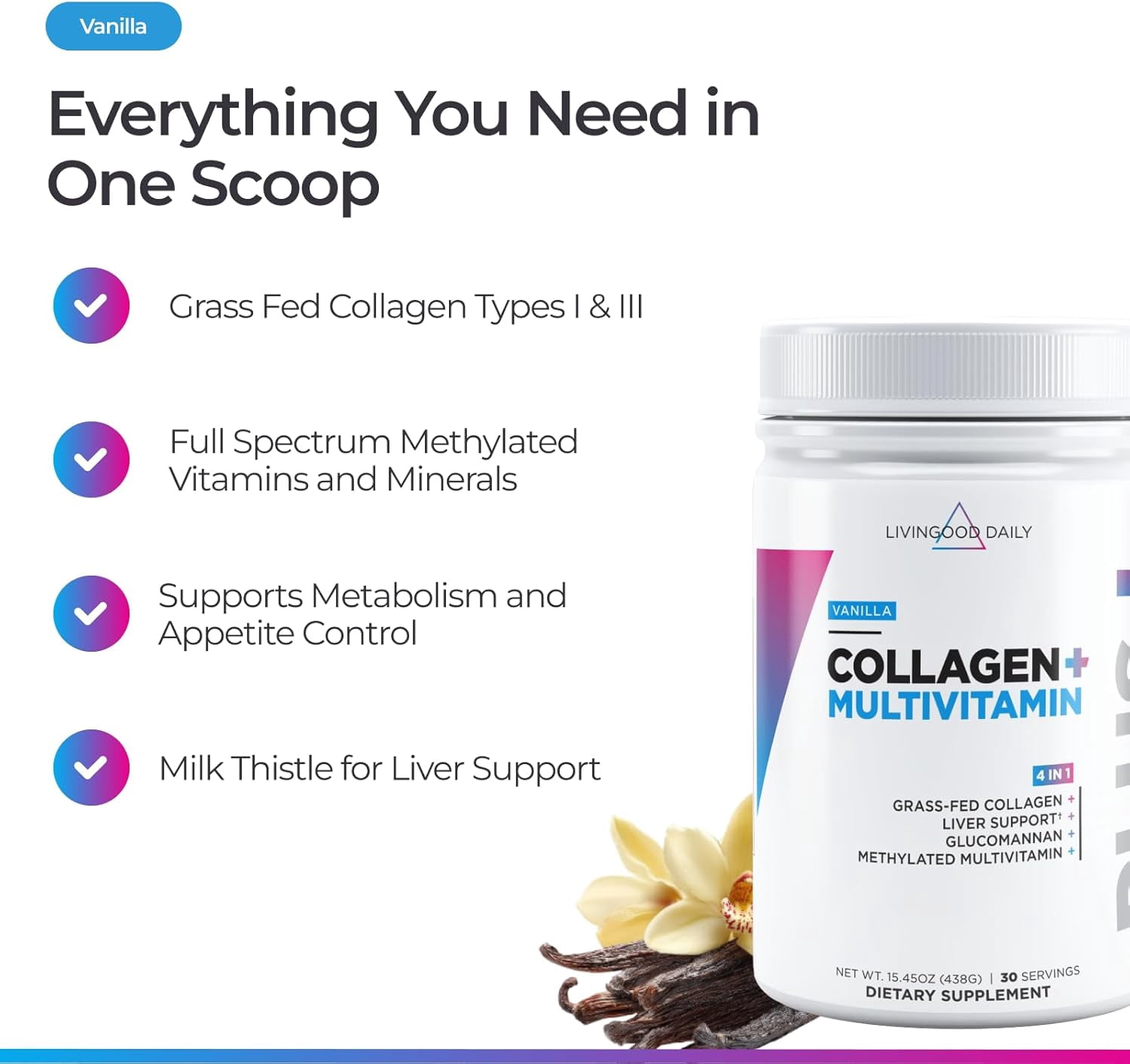 Livingood Daily Collagen Peptides Powder Vanilla, 30 Servings - 4in1 Grass Fed Hydrolyzed Collagen Powder with Multi Vitamins
