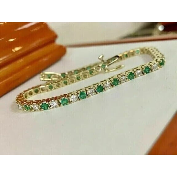 8Ct Round Cut Simulated Diamond Emerald & White Tennis 14K Yellow Gold Plated 7 in