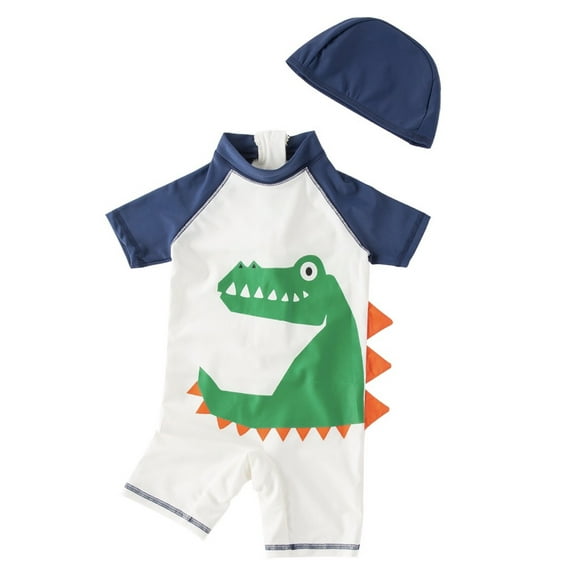 Kid Boys Chic Animals Printed Green Alligator One-Piece Rash Guard with Sun Hat 2pcs Swimsuit Pool Beach Bathing Suit (2T)
