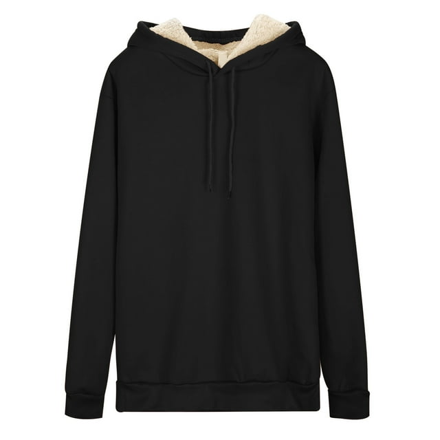 Women's Warm Lamb Wool Hoodie Solid Color Round Neck Long Sleeve Threaded Drawstring Casual Sweatshirt for Autumn Winter