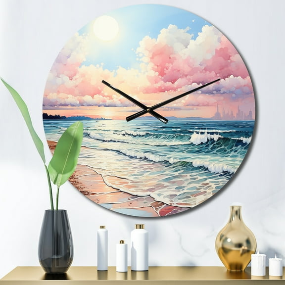 Designart "Rosy Shoreline Whispers" Nautical & Beach Oversized Wall Clock