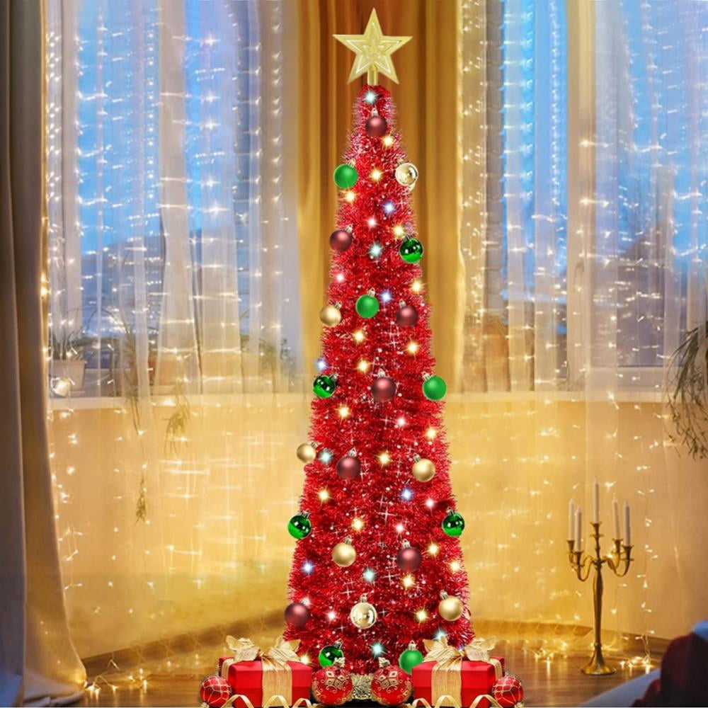 5 Ft Pop Up Christmas Tree Tinsel with 50 Color Lights Timer 3D Star