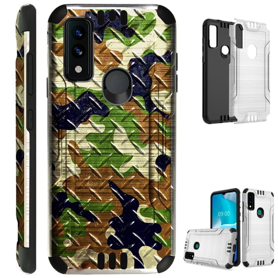 Compatible with AT&T Maestro 3 Brushed Metal Texture Hybrid Silver Guard Phone Case Cover (Camo Green Brown Crosshatch)
