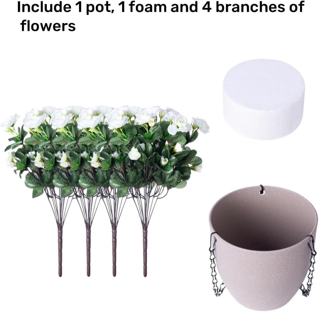 Artificial Fake Hanging Outdoor Flowers Plants with Basket, Faux Silk Camellia UV Resistant Look Real Floral Arrangement Planter for Outside Porch Patio Balcony Garden Home Decor