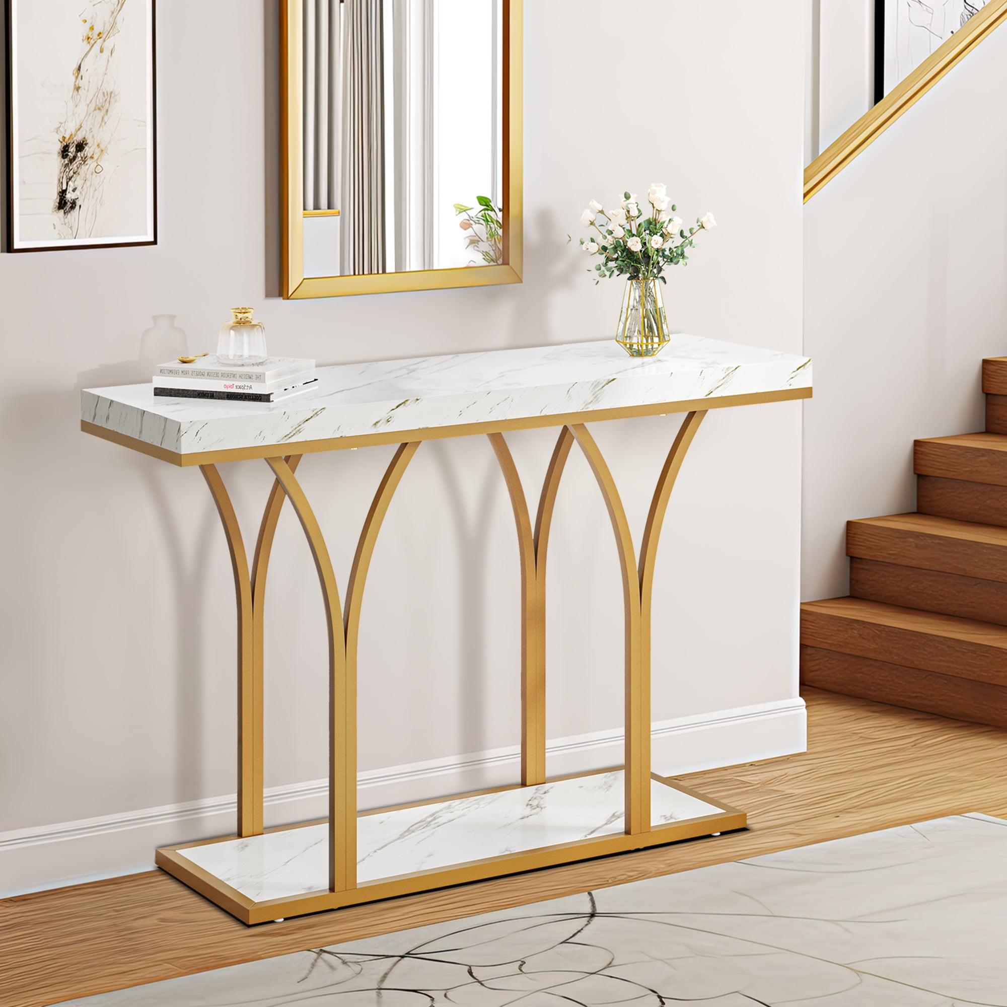 Dextrus Gold Console Table, Modern Faux Marble Entryway Table Behind Sofa Couch for Entry Way, Entrance, Living Room, Gold & White