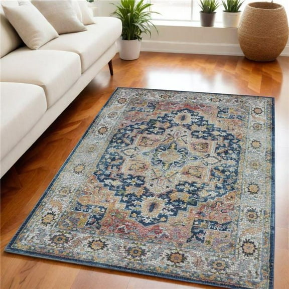 HomeRoots  5 x 8 ft. Floral Medallion Distressed Non Skid Rectangle Area Rug, Ivory, Blue & Orange