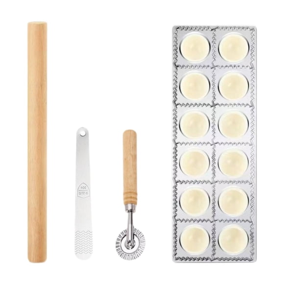 Juego de de raviolis que incluye máquina para hacer dumplings de 12 agujeros, rodillo, rueda para pasta y formador de raviolis. Fabricado en
